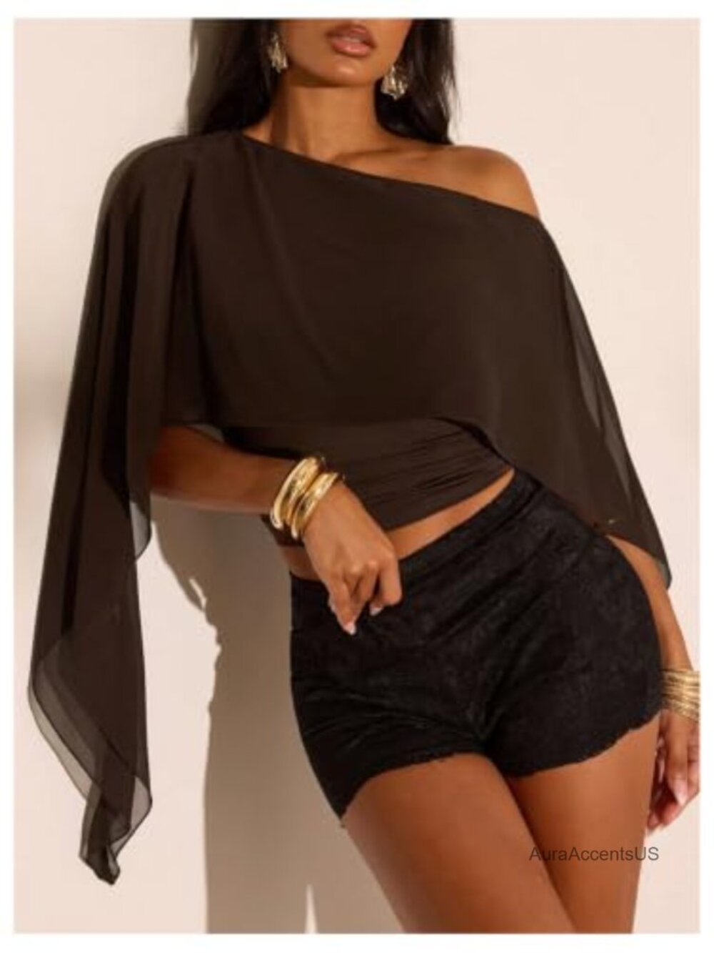 Women's Off Shoulder Cropped Cape Top Mesh Poncho 3/4 Sleeve Asymmetrical - Picture 4 of 5